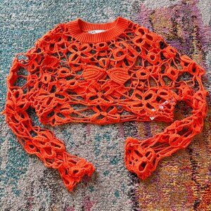 Zara Crochet Floral Crop Sweater – Orange Open Knit Statement Long Sleeve Top |
